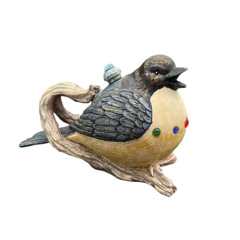 Miniature Faux Teapot Unique Vintage Bird Hand Painted Resin Approx 3.25” x 5”